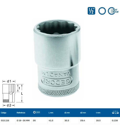 Soquete Estriado Encaixe 1/2 26 Mm D19-26 Gedore 015116 1