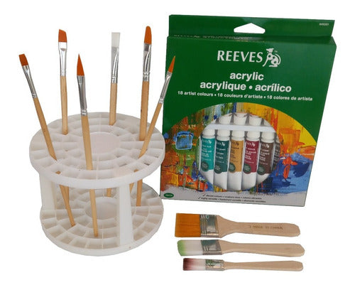 18 Reeves Acrylic Paints + Plastic Brush Holder + 6 Art Brushes 0