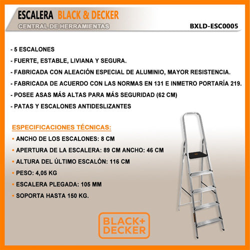 Black+Decker 150kg Reinforced Aluminum Ladder 5 Steps 1