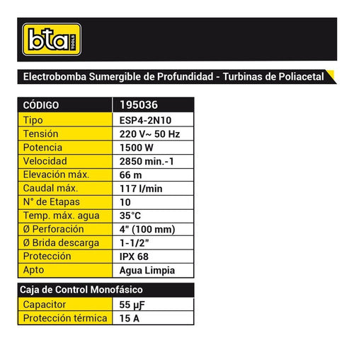 Bta Tools Electrobomba Sumergible Profundidad 1hp Poiliacetal 1500 1