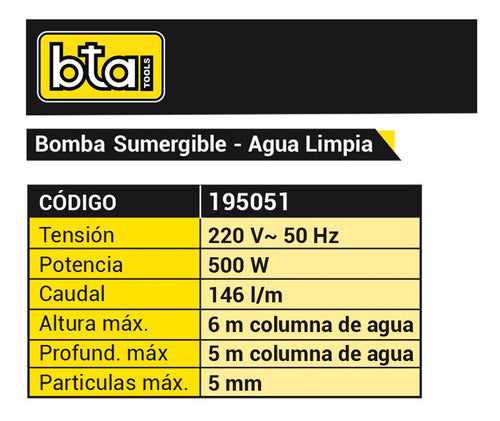 BTA Tools Submersible Pump - 146 Liters/Min 500W 195051 1