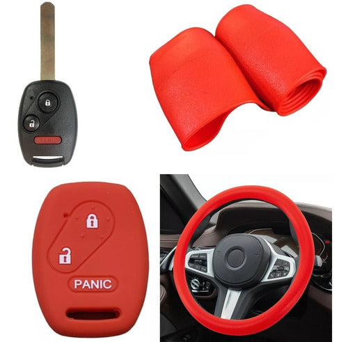 Cubre Volante + Funda Llave Silicona - Honda City Civic Rojo 0