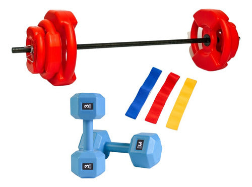 360 Fitness Kit 23kg (7kg, 3kg, and 1.5kg Discs) + Hexagonal Dumbbells 3kg + Theraband x3 0