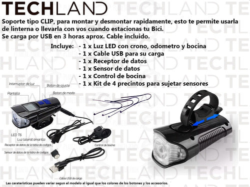 Techland Bike Speaker Speedometer Rechargeable USB Lights 4