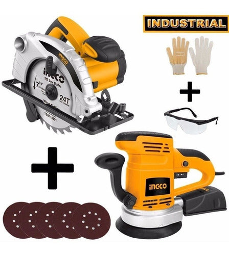 INGCO Roto Orbital Sander + Circular Saw + Sandpaper + Safety Glasses + Gloves Ki 0