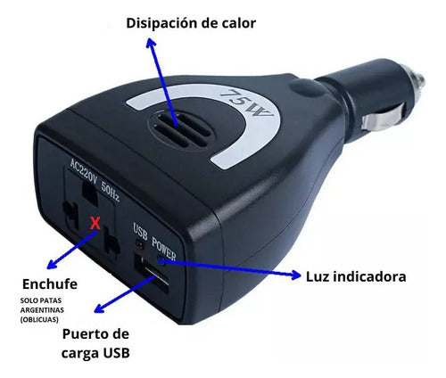 Inversor De Corriente 75w Para Auto 12v A 220v Conversor 1