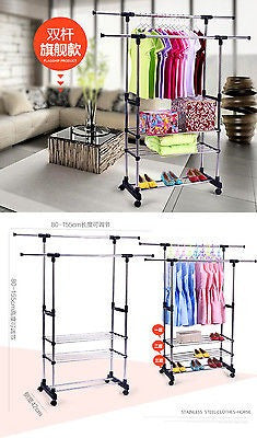 Robust Double Rail Adjustable Clothes Rack - Heavy Duty Portable Clothing Hanger on Wheels 3