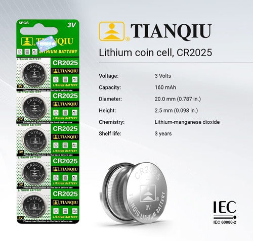 Tianqiu 5 X Cr2025: Long-Lasting Lithium Button Batteries for Watches, Alarms, Sensors, and LED Lights 1