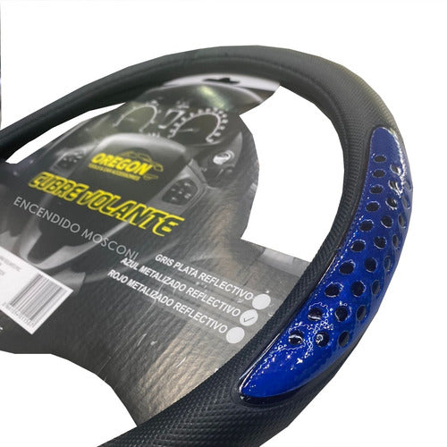 Cubre Volante Pvc 38cm Con Reflector Negro Y Azul Universal 1