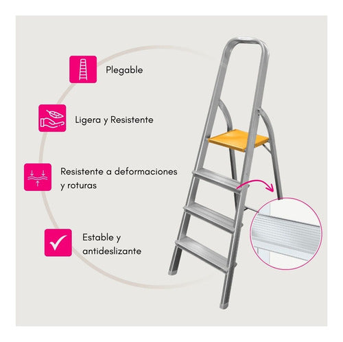 SHOPPING DIGITAL Escalera Tipo Tijera 4 Escalones Aluminio + Descanso Metal 1