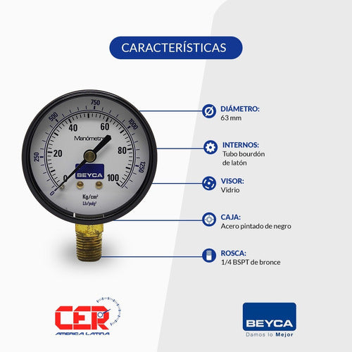 Beyca Manómetro 100 Kg 63mm Rosca 1/4 Inferior 1