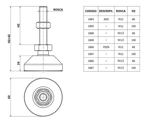 PIAZ CONVEYOR Machine Base Ø 60 Metal Thread M12x100 Stainless Steel 1