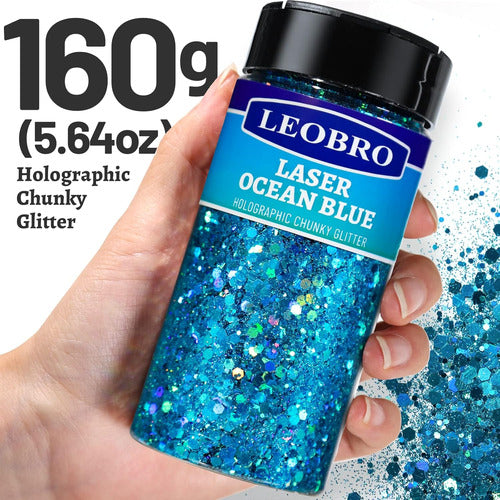 Leobro Gliter Azul Holográfico Para Resina, 160g, Cuerpo Y Uñas 1