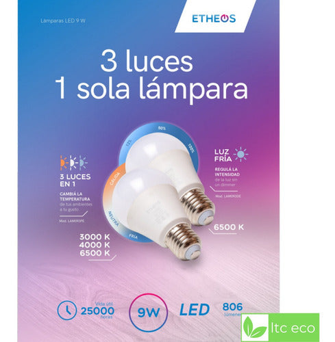 Etheos 9W LED Bulbs - 3 Intensities - 220V - Pack of 10 5