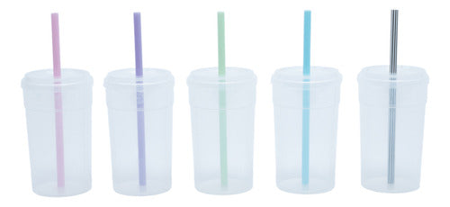 Merch Deco Bazar 40 Transparent Cups with Lid and Straw Made of Plastic 0