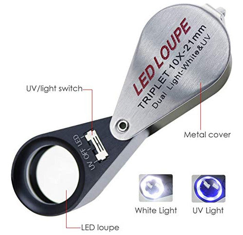 Tekcoplus Foldable Jewelry Loupe 10x 21mm with LED and UV Light 2