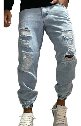 Light Blue Mom Ripped Jogger Jeans for Men 0