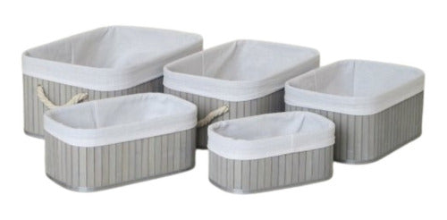 Set of 5 Bamboo and Fabric Rectangular Organizing Baskets 0