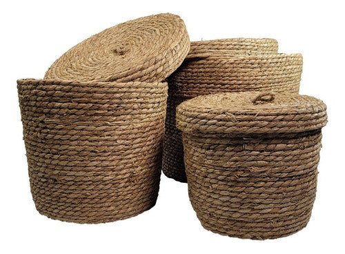 Round Wicker and Jute Seagrass Basket with Large Lid 2