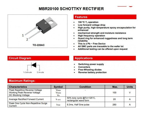 Itytarg Mbr20100 Diodo Schottky 100v 20a Fast Recovery To220 1