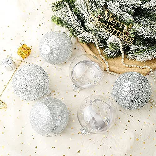 6 Silver Christmas Ball Ornaments Xmasexp - 3 Designs 10cm 3