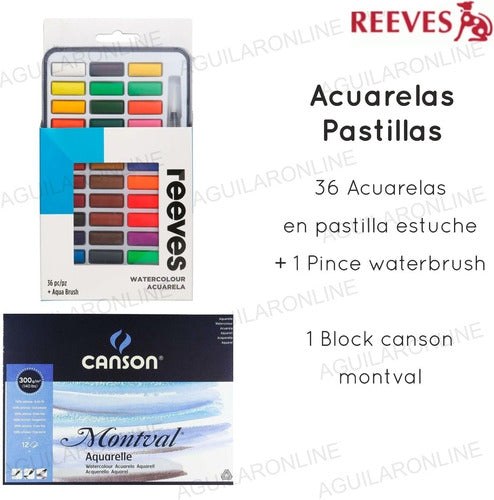 Kit Set 36 Acuarelas Lata Reeves Pastilla + Block Montval 1