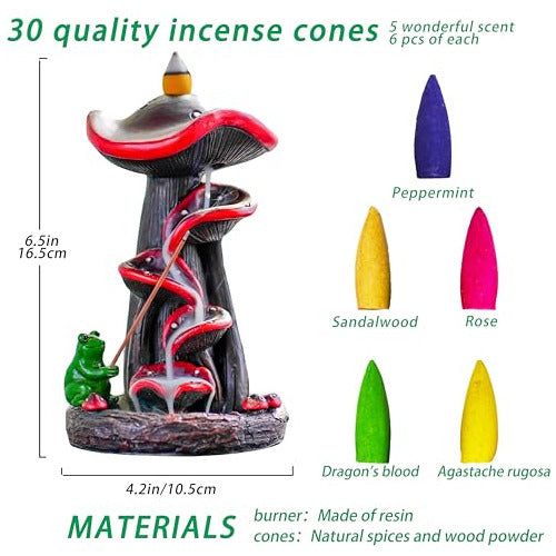 Hollishowe Mushroom Incense Waterfall Holder With 30 Backflow Cones & Sticks 1