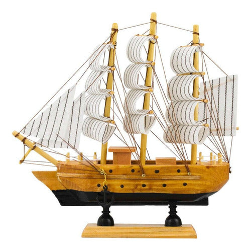 Miniatura Barco Navio Veleiro Madeira Base Preta19.5x4x20cm 0