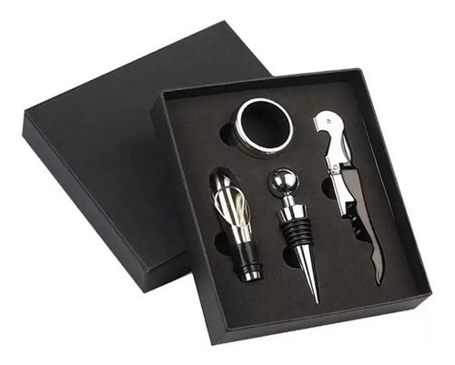 Set De Accesorios Vino En Caja Sacacorcho Anillo Tapon 4 Pzs 0