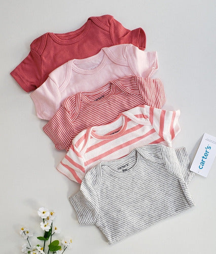 Carter's Baby Bodysuit Pack - Short Sleeve Stripes & Solids in Pink & Gray 1