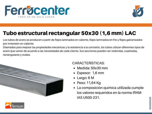 Tubo Estructural Rectangular 50 X 30 X 1,6mm - 6 Mts 1