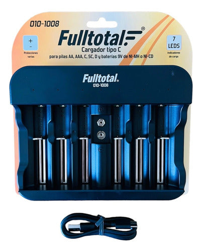 Fulltotal Combo Cargador 6 Canal Usb + 2 Pilas Recargables D 9000 Mah 1