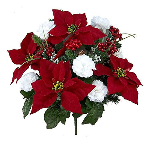 Admired By Nature GPB0707-RD/WT Faux Velvet Poinsettia Carnation Berry X'mas Bush 0