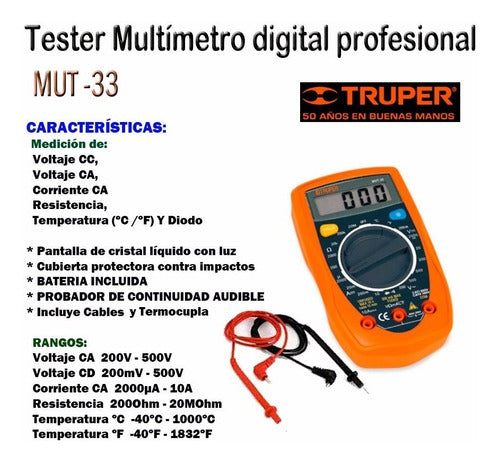 Tester De Corriente Digital Medidor De Temp Truper Mut-33 1