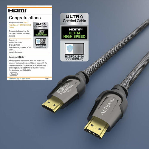 AUDIANO 8K HDMI Cable 3.3ft, High Speed Nylon Braided 2.1 48Gbps 2