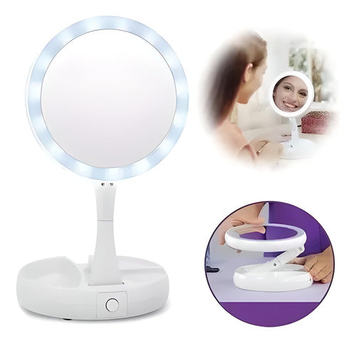 Portable Folding Round LED Light Makeup Mirror with Magnification 0