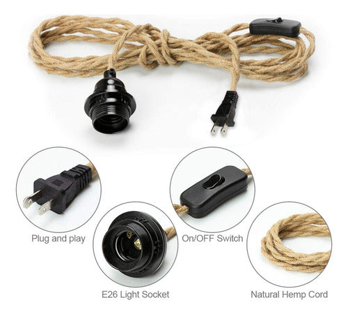 Frideko Home Industrial Hanging Light Kit 15ft Braided Hemp Cord 1