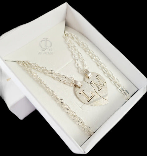 JR Joyas Heart Pendant Split Set with Engraved Chains in 925 Silver 2