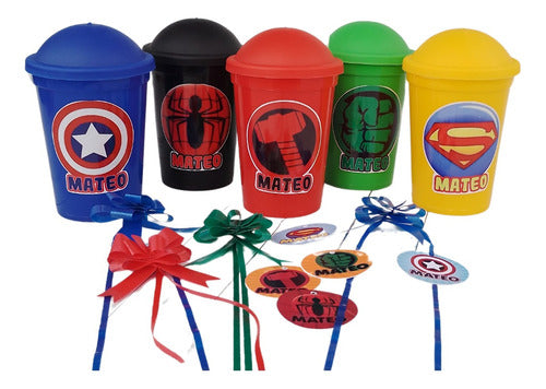 DEDITOS Souvenirs y Cotillón - 15 Personalized Milkshake Glasses S. Heroes + Bow Tag Bag 0