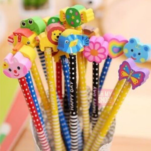 Fun Souvenir Pack of 12 Pencils with Erasers - Assorted Designs 2