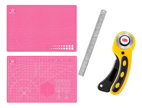 Combo Cutting Mat A3 45x30 cm Pink + Rotary Cutter + Metal Ruler 0