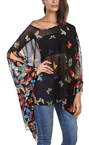 DJT Womens Floral Printed Chiffon Caftan Poncho Tunic Top 1