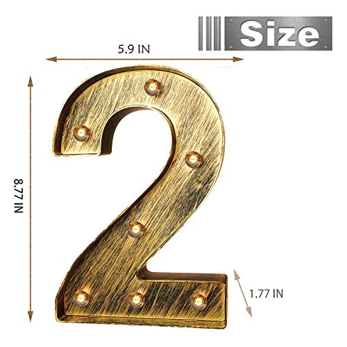 Glintee Large Golden Vintage Marquee Light Up Number Sign No. 2 1