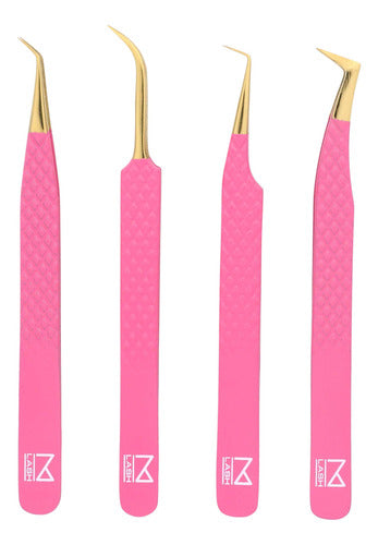 M Lash Set of 4 Professional Eyelash Extension Tweezers - Pink 0