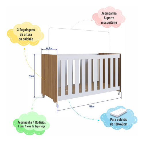 Berço Infantil Simples Com Rodas Regulagem E Grade Mdf Nogal 2