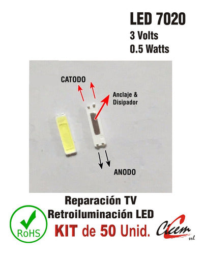 Kit of 50 LED V 7020 3V 0.5W TV Backlight 3