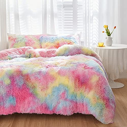 Sucses Fluffy Faux Fur Comforter Set with Rainbow Tie-Dye 1