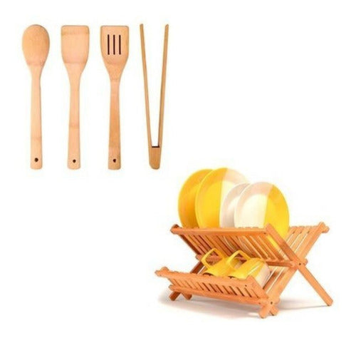 Vonne Bamboo Dish Rack + Bamboo Kitchen Utensils 0