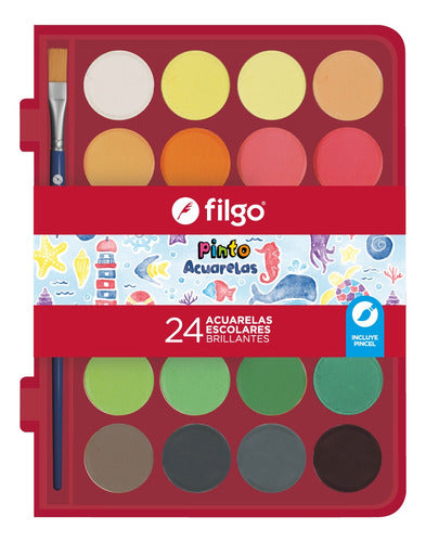 Filgo Pinto Watercolor Paints Plastic Case x 24 Colors + Brush 0