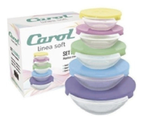 Carol Set 5 Bowls Vidrio Con Tapa Plastica Colores Pastel 1